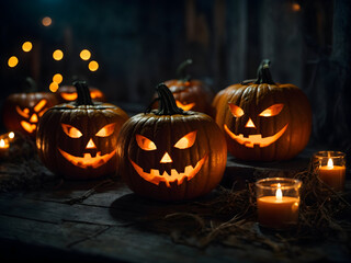 Halloween pumpkin head jack lantern with burning candles, Spooky Forest with a full moonlight and wooden table, Pumpkins In Graveyard In The Spooky Night - Halloween Backdrop.Generative Ai