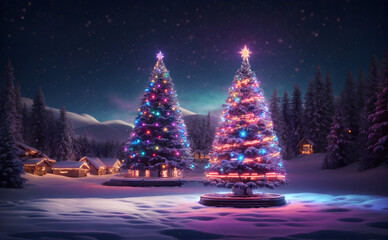 christmas tree with gifts,Winter Christmas forest,neon light.winter landscape with trees and snow,Generative AI