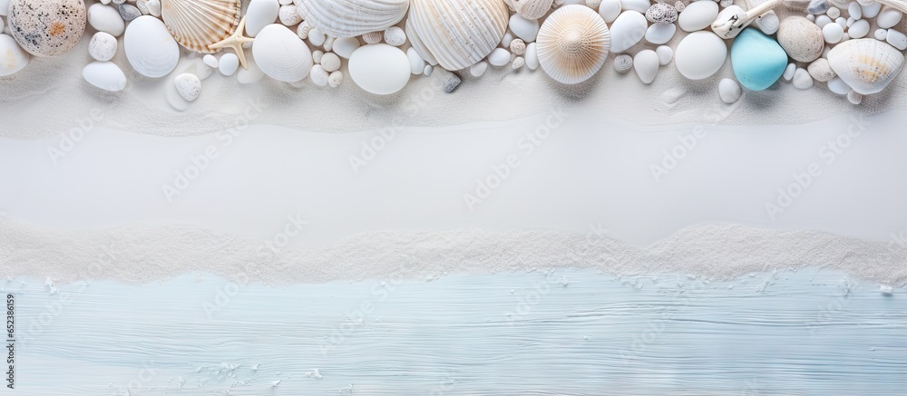 Poster texture and shells on a beach with white stones isolated pastel background copy space