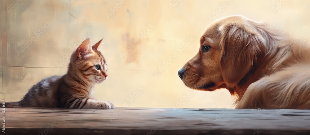 Poster The interaction between the dog and cat isolated pastel background Copy space