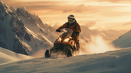 A man rides a snowmobile in the mountains