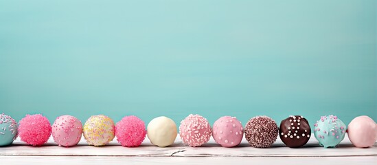 Cake pops sitting alone on the table isolated pastel background Copy space