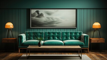 Frame mock up inMedia Room Modern Rustic in Green, Mockups Design 3D, HD