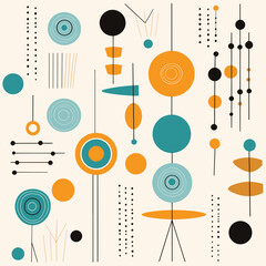 Mid-century modern pattern, background, hand-drawn cartoon flat art Illustrations in minimalist vector style