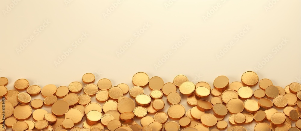 Poster 3 dimensional computer generated picture of numerous gold coins isolated pastel background copy spac