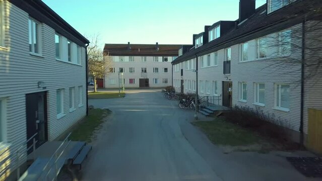 Top view of apartment condos in Linkoping city, Sweden. Family housing in quiet neighborhood. Real estate development in scandinavian suburbs