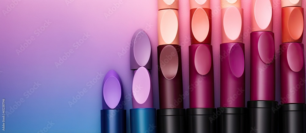 Poster close up of colorful lipsticks on a isolated pastel background copy space with a palette of professi