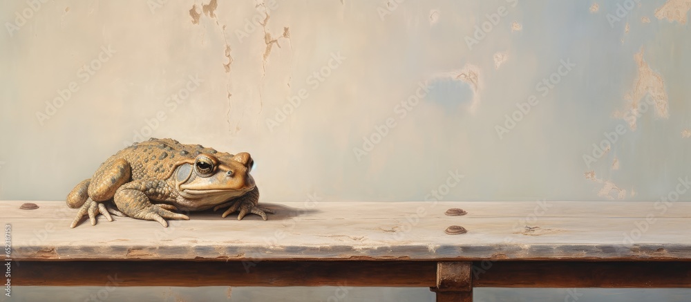 Poster toad resting on a bench isolated pastel background copy space