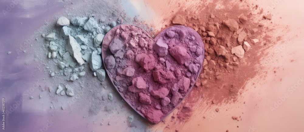 Poster brush and heart shaped eyeshadows that are crushed isolated pastel background copy space