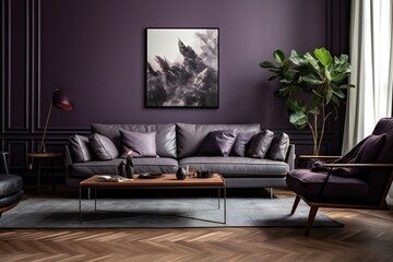 Dark purple sofa and recliner chair in scandinavian apartment. Interior design of modern living room