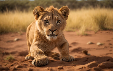 Young lion looking straight into the camera in the desert, ultra wide angle lens.Generative Ai