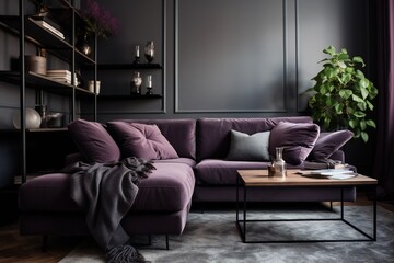 Dark purple sofa and recliner chair in scandinavian apartment. Interior design of modern living room