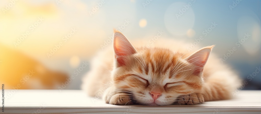 Poster cuddly feline resting isolated pastel background copy space