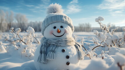 Obraz premium Happy smiling snow man on sunny winter day.