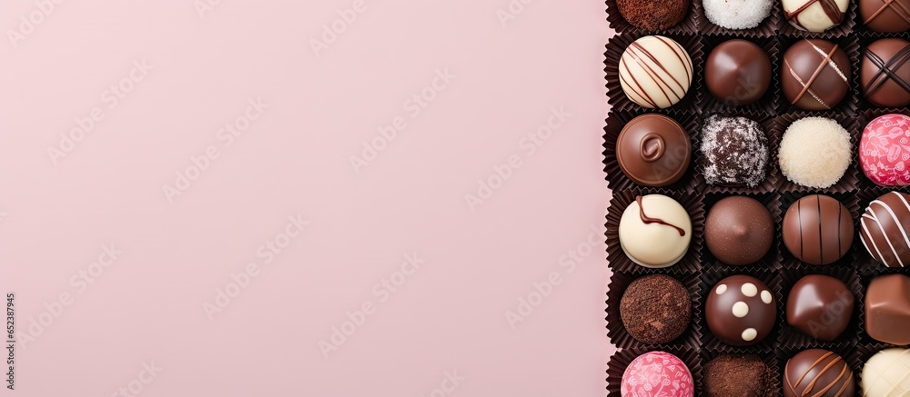 Aufkleber A display of chocolate truffles alongside decorative boxes isolated pastel background Copy space