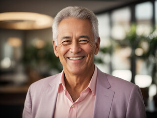 Fototapeta premium Portrait of happy middle aged CEO looking at camera standing outside, senior professional. AI Generative