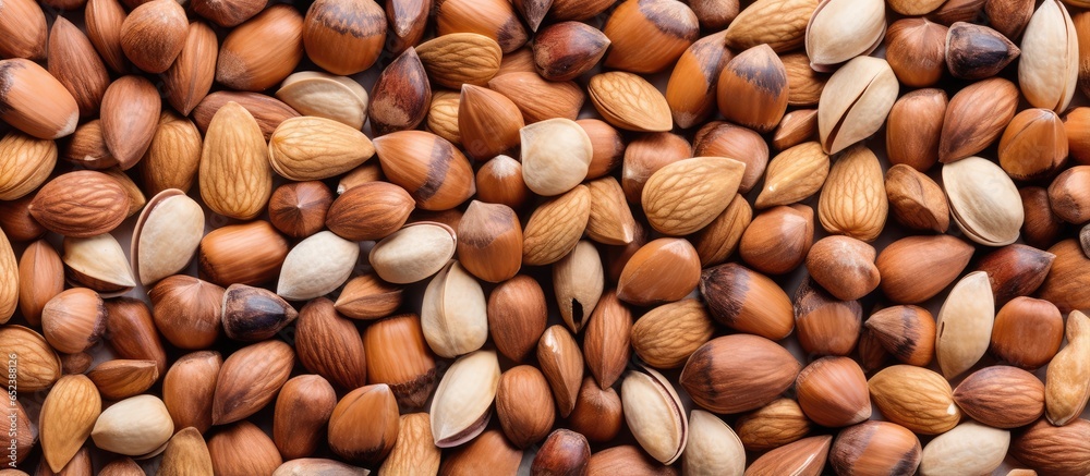 Poster close up background of nuts isolated pastel background copy space