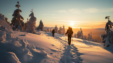 Hikers walk through the forest in winter - obrazy, fototapety, plakaty