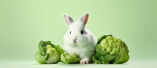 Tiny Dutch bunny and cabbage Alone on isolated pastel background Copy space