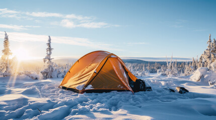 a man camping in winter outdoors in nature