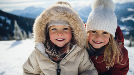 Fototapeta na wymiar Children dressed warmly outside in the snow in winter