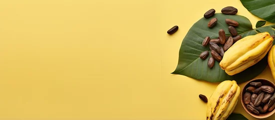 Tuinposter Copy space with green and yellow cocoa pods containing sliced beans with space for text © vxnaghiyev