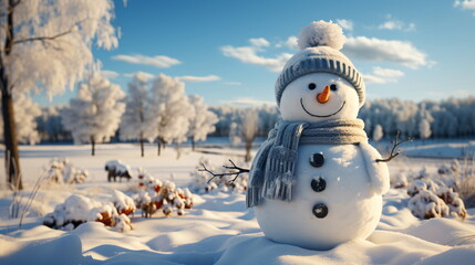 Obraz premium Happy smiling snow man on sunny winter day.