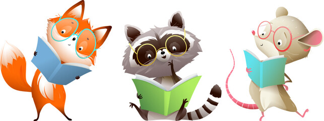 Cute baby raccoon, fox and a mouse wearing glasses reading a book, character design for children. Education, school and library colorful cartoon for kids. Vector animal in watercolor style.
