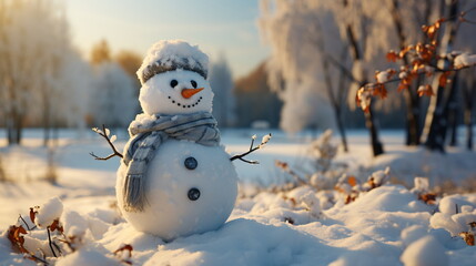 Happy smiling snow man on sunny winter day.