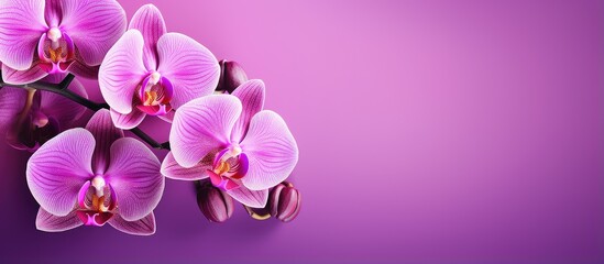 Purple orchid macro on a golden isolated pastel background Copy space with floral nature backdrop