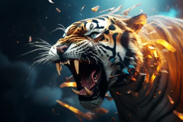 Fotobehang Angry Tiger Roaring with Fire and Smoke, AI Generative © Shivart