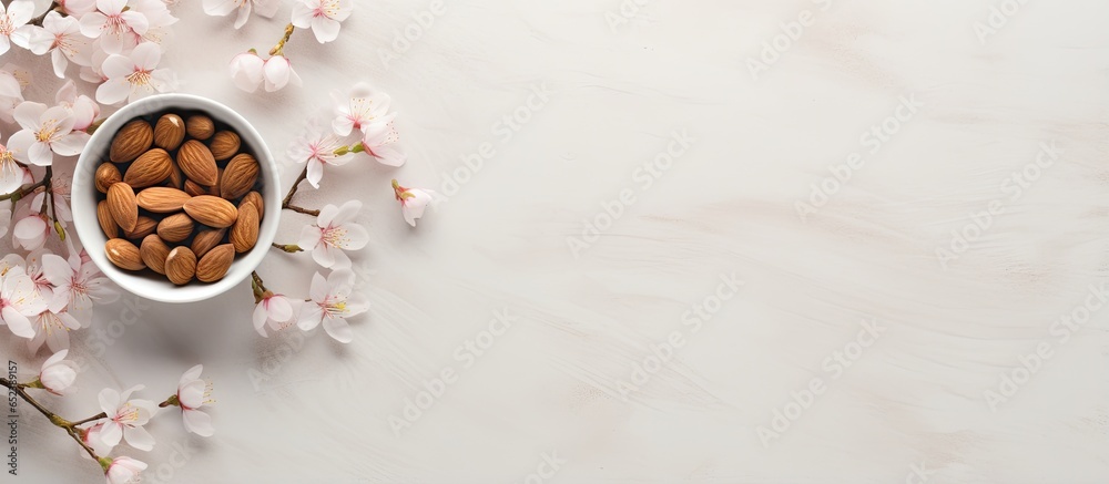 Aufkleber almonds in a white bowl on a isolated pastel background copy space with copy space have benefits for