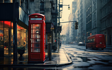 Red telephone box on the street in the city. - obrazy, fototapety, plakaty