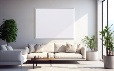 Modern white living room with empty blank frame on the wall