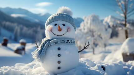 Obraz premium Happy smiling snow man on sunny winter day.