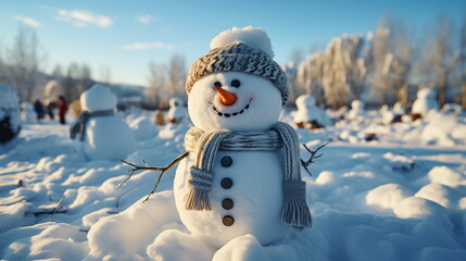 Obraz premium Happy smiling snow man on sunny winter day.