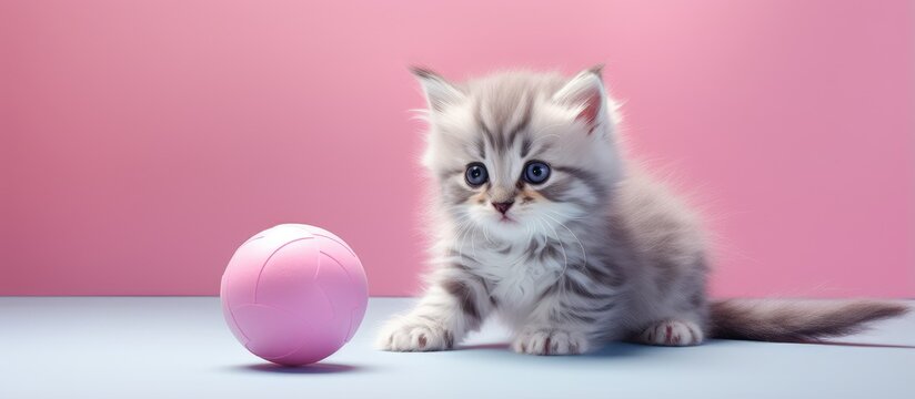 Cute kitten playing with woolball in studio isolated pastel background Copy space
