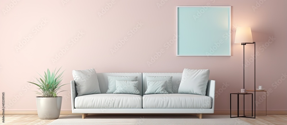 Poster 3d rendering of sofa lamp and table in an empty room with a picture frame interior isolated pastel b