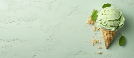 Top view of a paper cup with pistachio ice cream almonds on a isolated pastel background Copy space