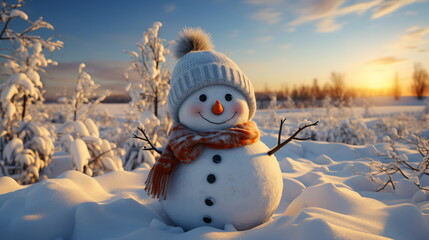 Fototapeta premium Happy smiling snow man on sunny winter day.