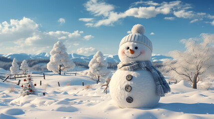 Obraz premium Happy smiling snow man on sunny winter day.