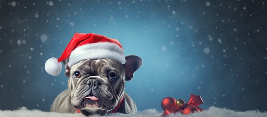 Blue nose pit bull dog wearing a Santa Claus hat alone in the dark awaiting Santas arrival isolated pastel background Copy space - obrazy, fototapety, plakaty