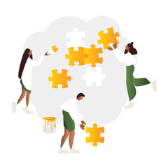 Illustration of a team working together assembling puzzles