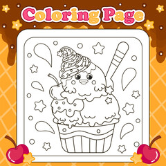 Summer sweets themed coloring page for kids with kawaii animal character chick shaped ice cream with cream