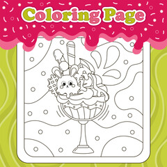 Summer sweets themed coloring page for kids with kawaii animal character bunny shaped ice cream with chocolate