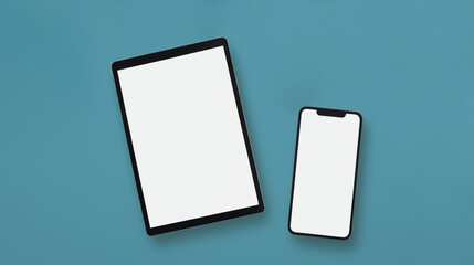 Tablet and cellphone mockup with blank screens to add contents. Blue background.