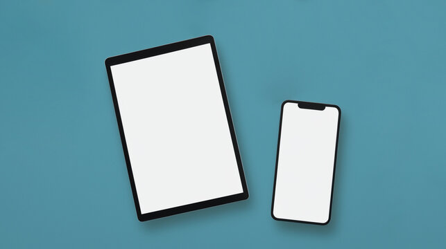 Tablet And Cellphone Mockup With Blank Screens To Add Contents. Blue Background.