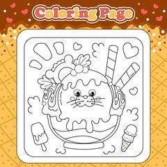 Summer sweets themed coloring page for kids with kawaii animal character seal shaped ice cream with candy cane
