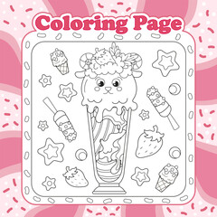 Summer sweets themed coloring page for kids with kawaii animal character sheep shaped ice cream with strawberry