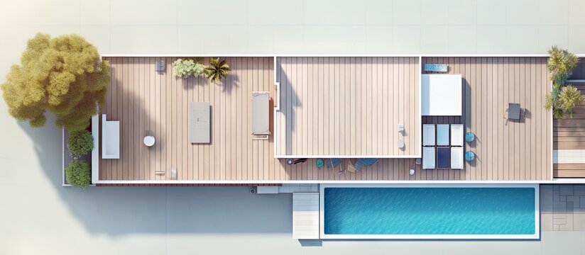 2 story house with parking pool and wooden facade rendered in 3D on a isolated pastel background Copy space for sale or rent